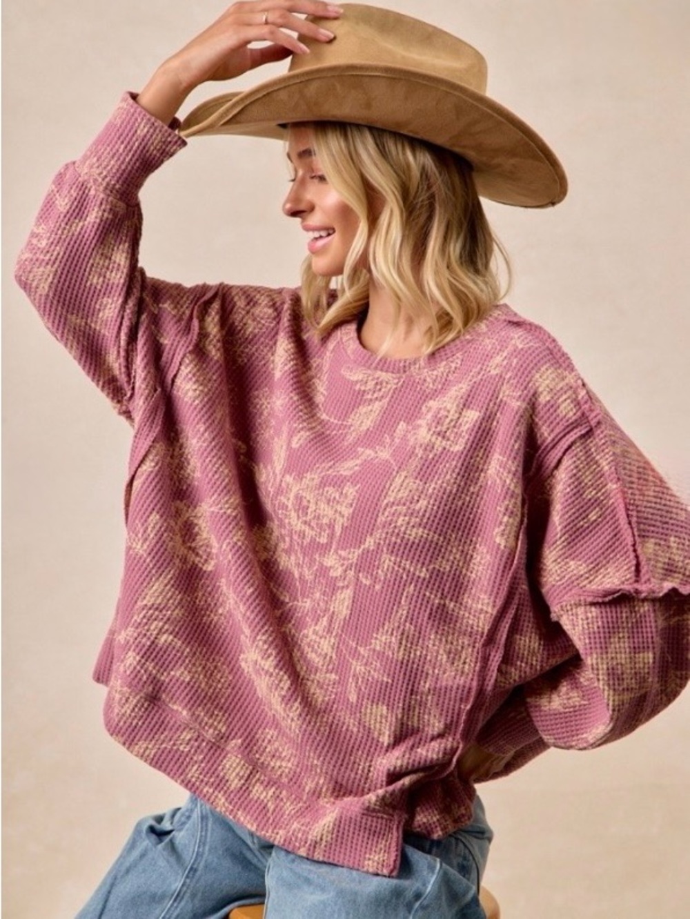Oversized Waffle Knit Vintage Dusty Rose and Cream Pullover Boho Sweatshirt